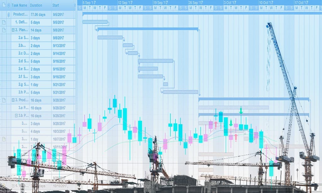 Capital construction with schedule Gantt and project controls analytics overlaid